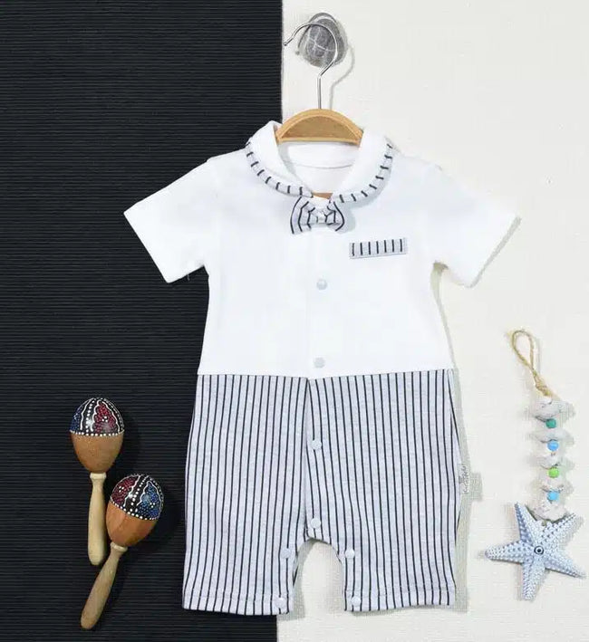 Baby Boys Pinstripe Romper with Attached Bow Tie