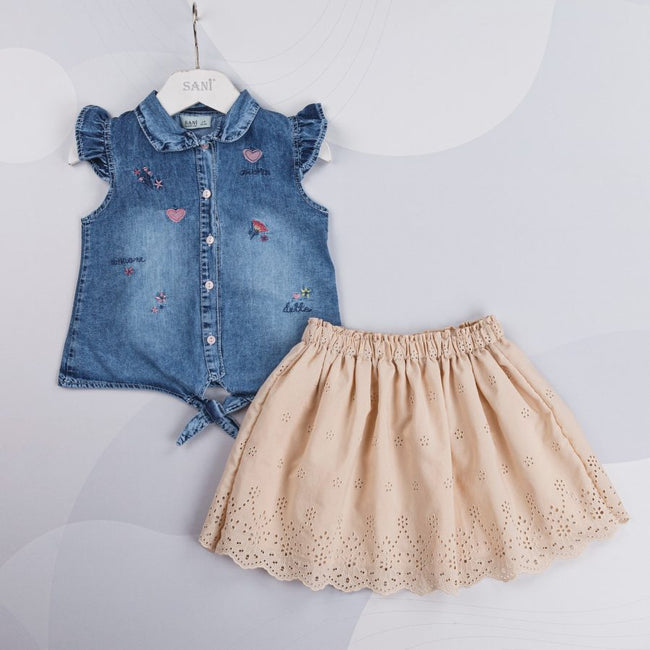 Girls Embroidered Denim Blouse and Anglaise Skirt Set