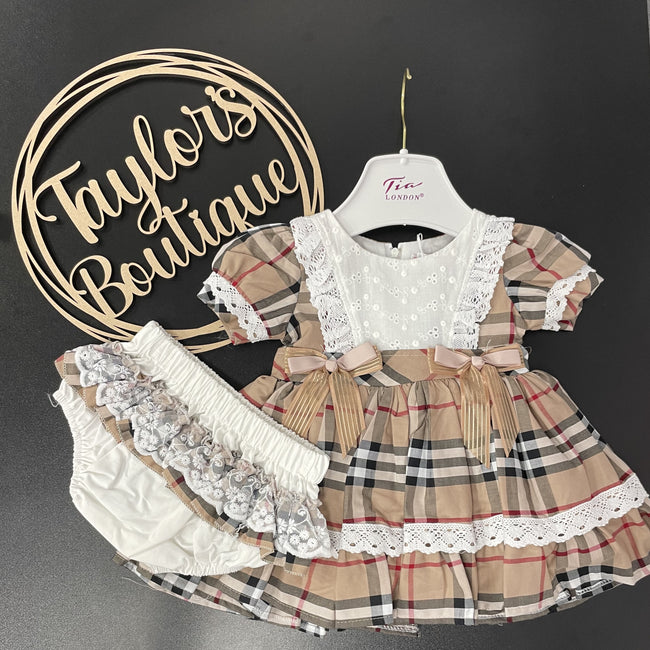 Baby Beige Tartan Dress with matching Knickers