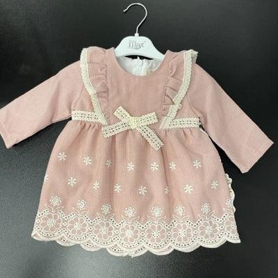 Baby Girl Dresses With Lace Bow and  Embroidered lace Trim.